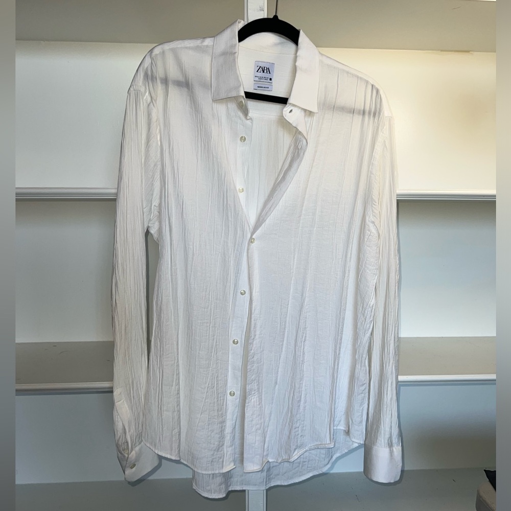 Zara White Wrinkle Pleated Button Down Shirt - XL